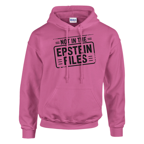 Kaxig hoodie med texten Not in the Epstein Files i rosa