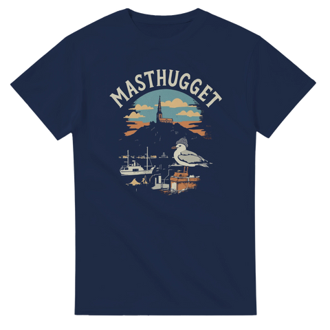 Vintage hamnmotiv från Göteborg med Masthuggskyrkan – marinblå t-shirt