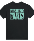 T-skjorte med teksten «Fishing Dad» med silhuetter av fisker, fiskestang og fisk.