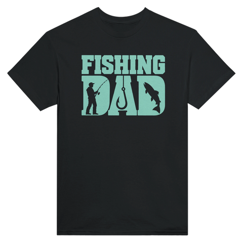 T-skjorte med teksten «Fishing Dad» med silhuetter av fisker, fiskestang og fisk.
