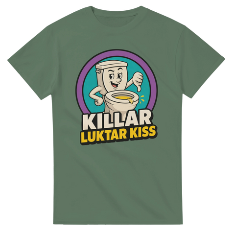 Retroinspirerad illustration med toaletthumor och satirisk text – rolig t-shirt