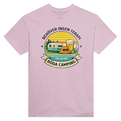 Grafiskt tryck med humortext om terapi och camping på rosa t-shirt