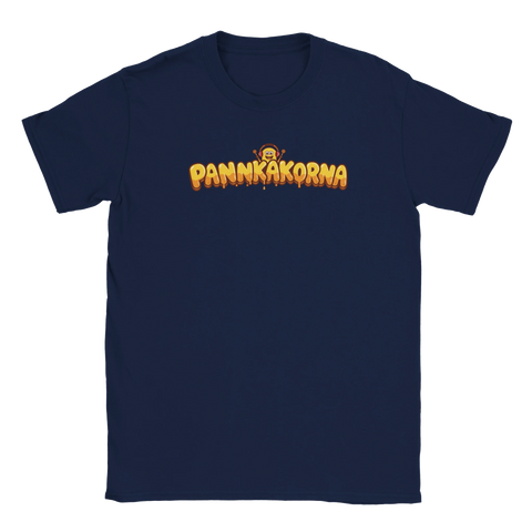 Marinblå T-shirt med smältande "Pannkakorna" logotyp.