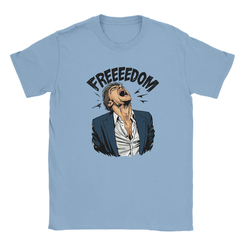 Man i kostym skriker "FREEEEDOM" på ljusblå t-shirt.