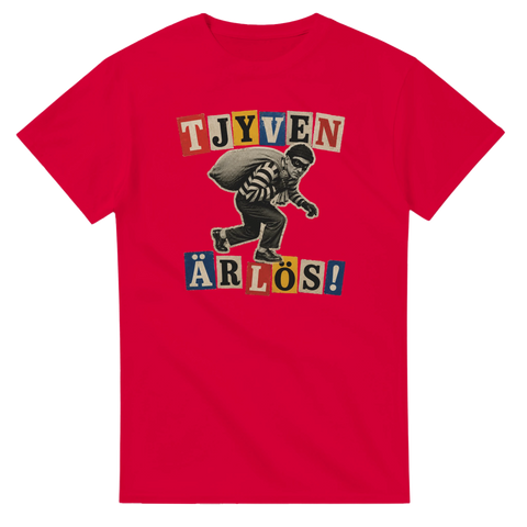Svart humor och retroestetik med en bandit på språng – motiv-t-shirt