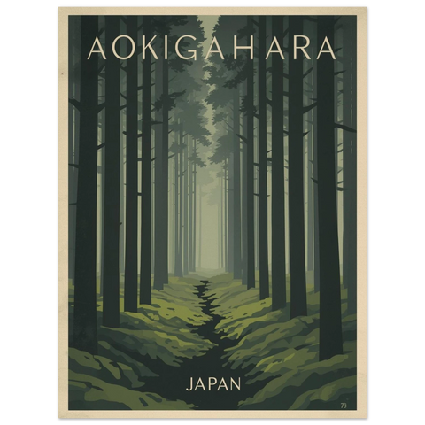 Illustration av tät skog med höga mörka trädstammar i rader och dimmig bakgrund i vintage travel poster-stil.