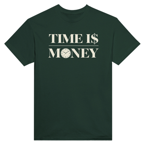 Mörkgrön t-shirt med texten Time is Money och en klocka i bokstaven O.