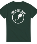 Självironisk illustration av en spermie i en cirkel på en mörkgrön t-shirt
