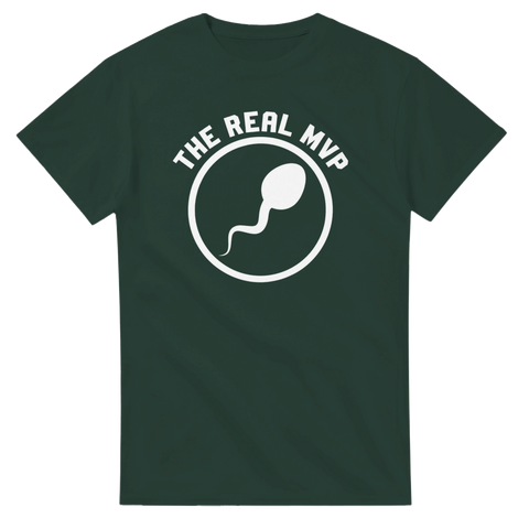 Självironisk illustration av en spermie i en cirkel på en mörkgrön t-shirt