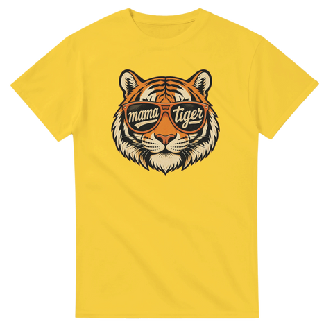 Grafiskt djurtryck med tiger och vintage solglasögon på gul bakgrund
