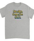 Grafiskt semestermotiv med 70-talsfont på en gråmelerad t-shirt