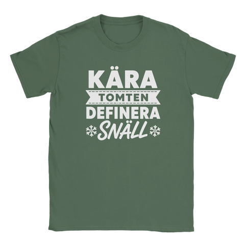 Ironiskt julmotiv med vit typografi på en olivgrön t-shirt