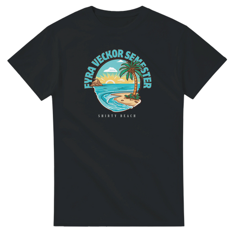 Fyra veckor semester" palmö, solnedgång, hav på svart t-shirt.