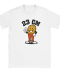 Vit t-shirt med humoristisk illustration av tummen upp-karaktär