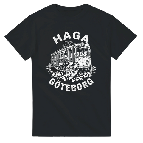 Grafiskt tryck av en sliten spårvagn på kullersten – Göteborg t-shirt
