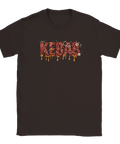 Kebab-text med kött, lök och sås som droppar på mörkbrun t-shirt.