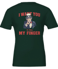 Farbror Sam-tryck "I WANT YOU TO PULL MY FINGER" på mörkgrön t-shirt, humoristisk retrodesign.