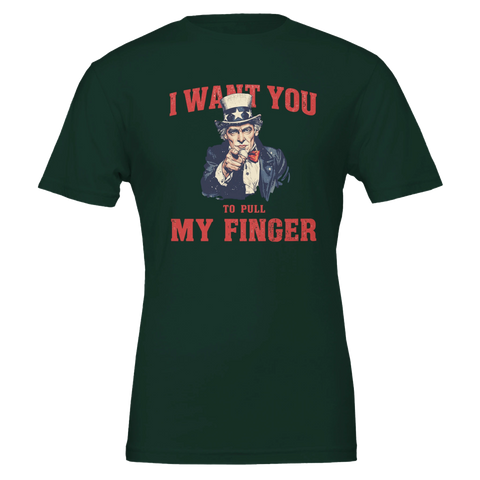 Farbror Sam-tryck "I WANT YOU TO PULL MY FINGER" på mörkgrön t-shirt, humoristisk retrodesign.