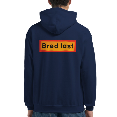 marinblå hoodie med ryggtryck och texten bred last