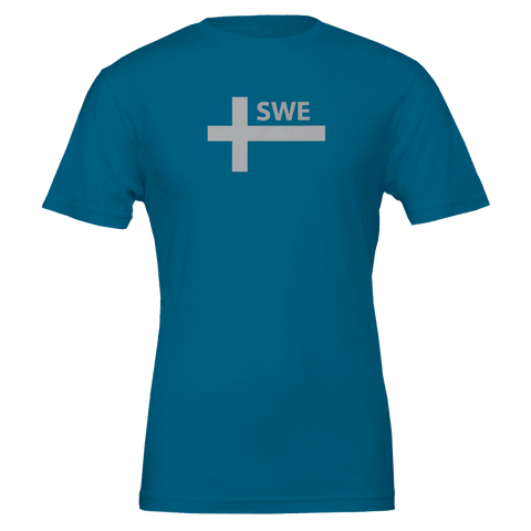 Svensk flagga med texten "SWE" på turkos t-shirt