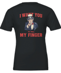 Uncle Sam "I WANT YOU TO PULL MY FINGER" humoristisk retrodesign på svart t-shirt.