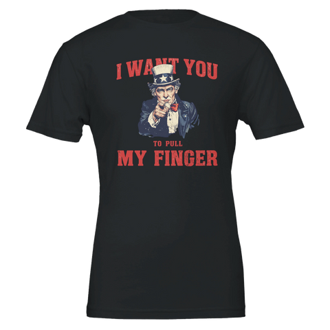 Uncle Sam "I WANT YOU TO PULL MY FINGER" humoristisk retrodesign på svart t-shirt.
