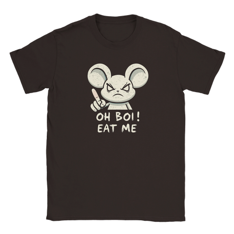 T-shirt med satirisk illustration av en arg mus och texten Oh Boi