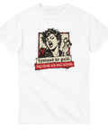 Vit t-shirt med kvinnoporträtt med skedar och texten ”Tystnad är guld. Jag skrek och stal silvret...”