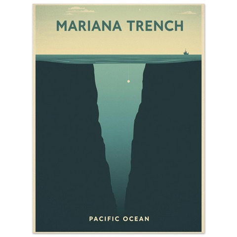 Grafisk illustration av Marianergraven med en djup mörk klyfta under en lugn havsyta och texten Mariana Trench.