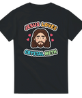 Svart t-shirt med mörk satir föreställande Jesus omgiven av hjärtan och text