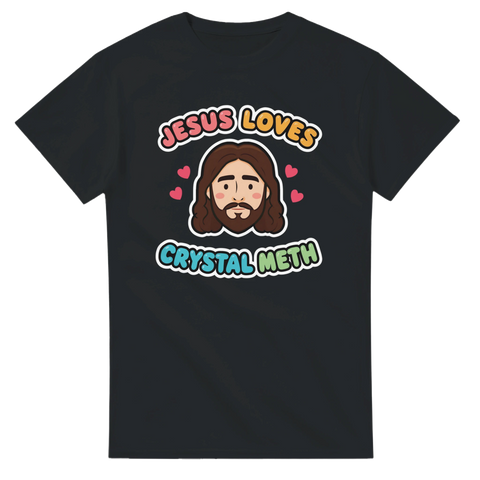 Svart t-shirt med mörk satir föreställande Jesus omgiven av hjärtan och text