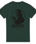 Nosferatu vampyrprofil i svart med text på mörkgrön t-shirt.