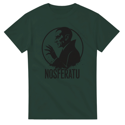 Nosferatu vampyrprofil i svart med text på mörkgrön t-shirt.
