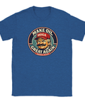 Blå t-shirt med humoristiskt budskap och detaljrikt tryck i vintagestil