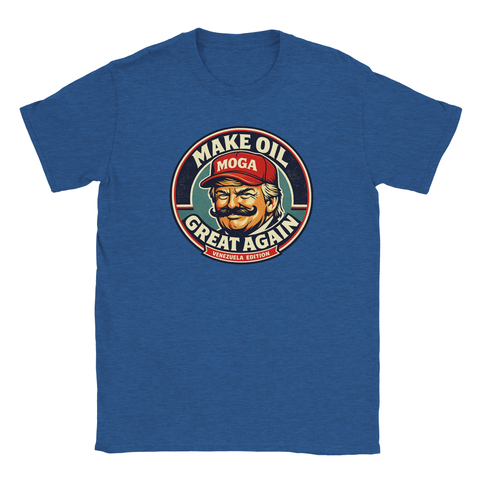 Blå t-shirt med humoristiskt budskap och detaljrikt tryck i vintagestil