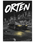 Stämningsfull illustration av en bil i nattljus med graffiti – poster