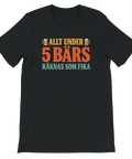 Svart t-shirt med texten Allt under 5 bärs räknas som fika i retrofärger.