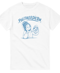 Satirisk illustration av kvinna som vattnar med tomma löften – grafisk t-shirt