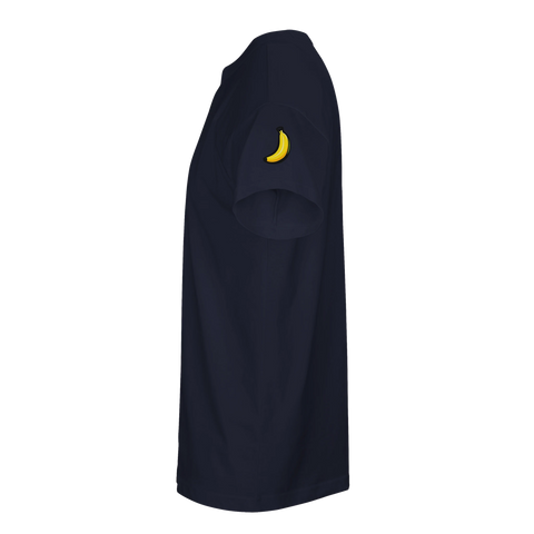 Tecknad gul banan på marinblå oversized ekologisk t-shirt.