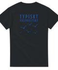 Sjöfågelmotiv och västkust-citat i blått tryck – svart t-shirt