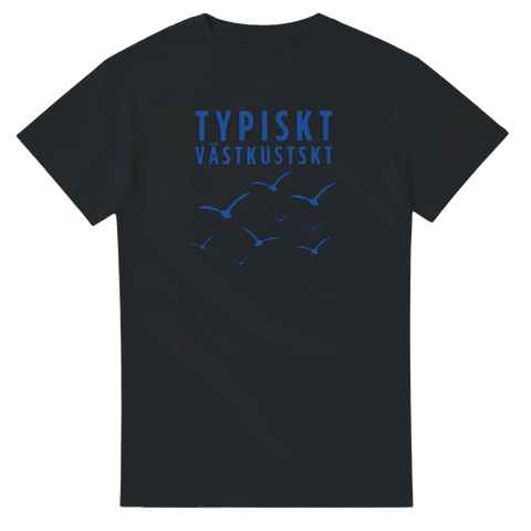 Sjöfågelmotiv och västkust-citat i blått tryck – svart t-shirt
