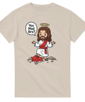 Tecknad Jesus som besegrar en liten djävul – satirisk meme t-shirt
