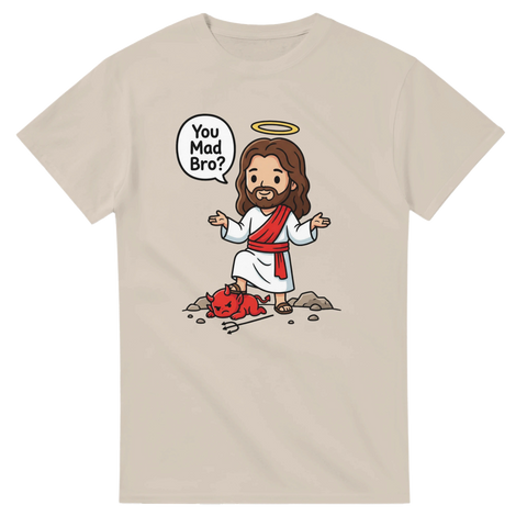 Tecknad Jesus som besegrar en liten djävul – satirisk meme t-shirt