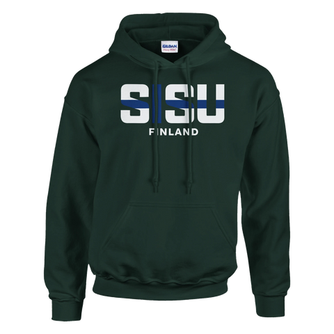 Sisu Finland-tryck med vit text och blått kors på mörkgrön Gildan Heavy Blend hoodie.