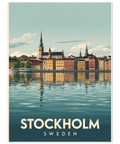Vintage reseposter av Stockholm i mid-century stil med texten Stockholm Sweden nertill och grafisk stadssiluett.