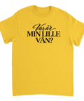 Gul t-shirt med texten ”Var är min lille vän?”.