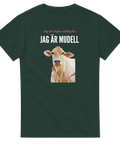 Ordvits-design med en ko och texten Jag är mudell på en mörkgrön t-shirt