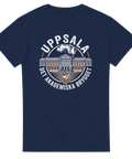 Illustration av akademisk kaffekultur i Uppsala – motiv på marinblå t-shirt