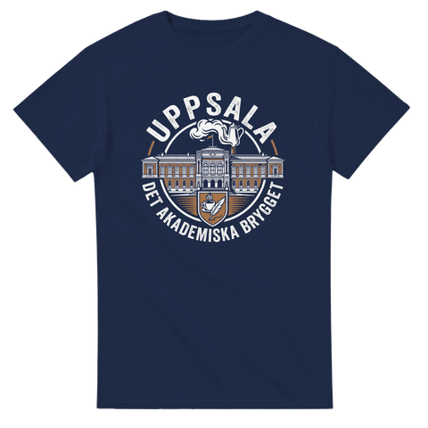 Illustration av akademisk kaffekultur i Uppsala – motiv på marinblå t-shirt
