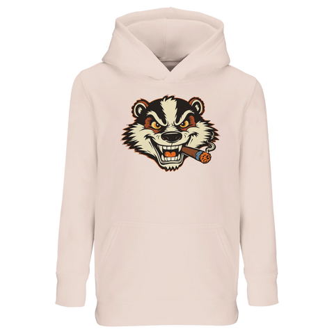 Billy Badger-motiv med arg grävling som röker cigarr på ljusrosa barntröja.